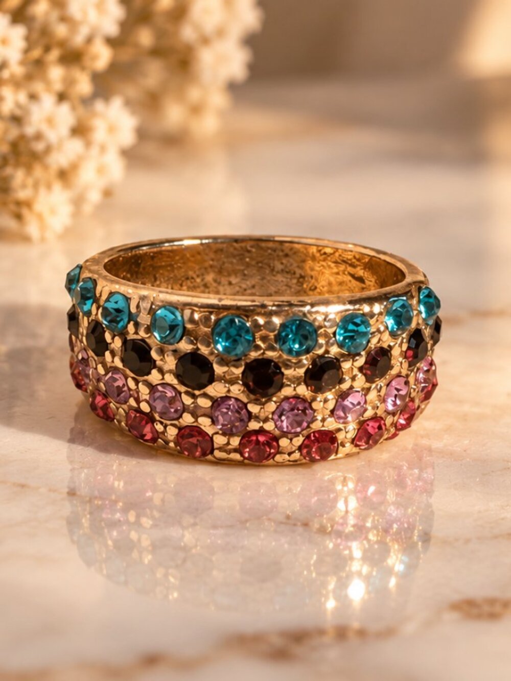 Vintage Gold Tone Multi-Row Rhinestone Band Ring - Colorful Crystal Statement Je